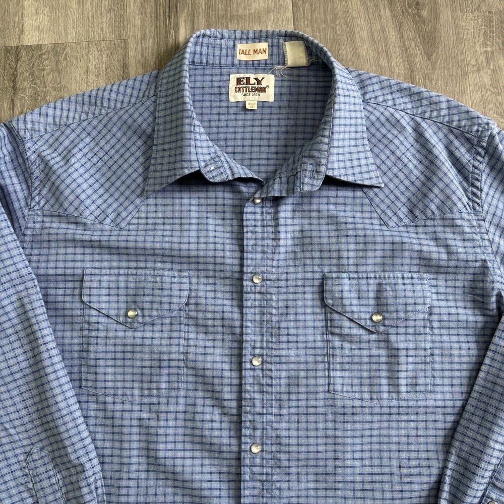 Ely Cattleman Blue Plaid Western Shirt Men's Size 18.5-35 T Pearl Snaps Vintage - Picture 2 of 10